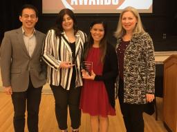 (from left) PRSSA faculty co-advisor Prof. Bryan Wang, PRSSA 2018 Vice President for Chapter Advancement Brianna Frisbie, PRSSA 2017 Chapter President Anna Fobair, and PRSSA faculty co-adviser Prof. Phyllis Larsen