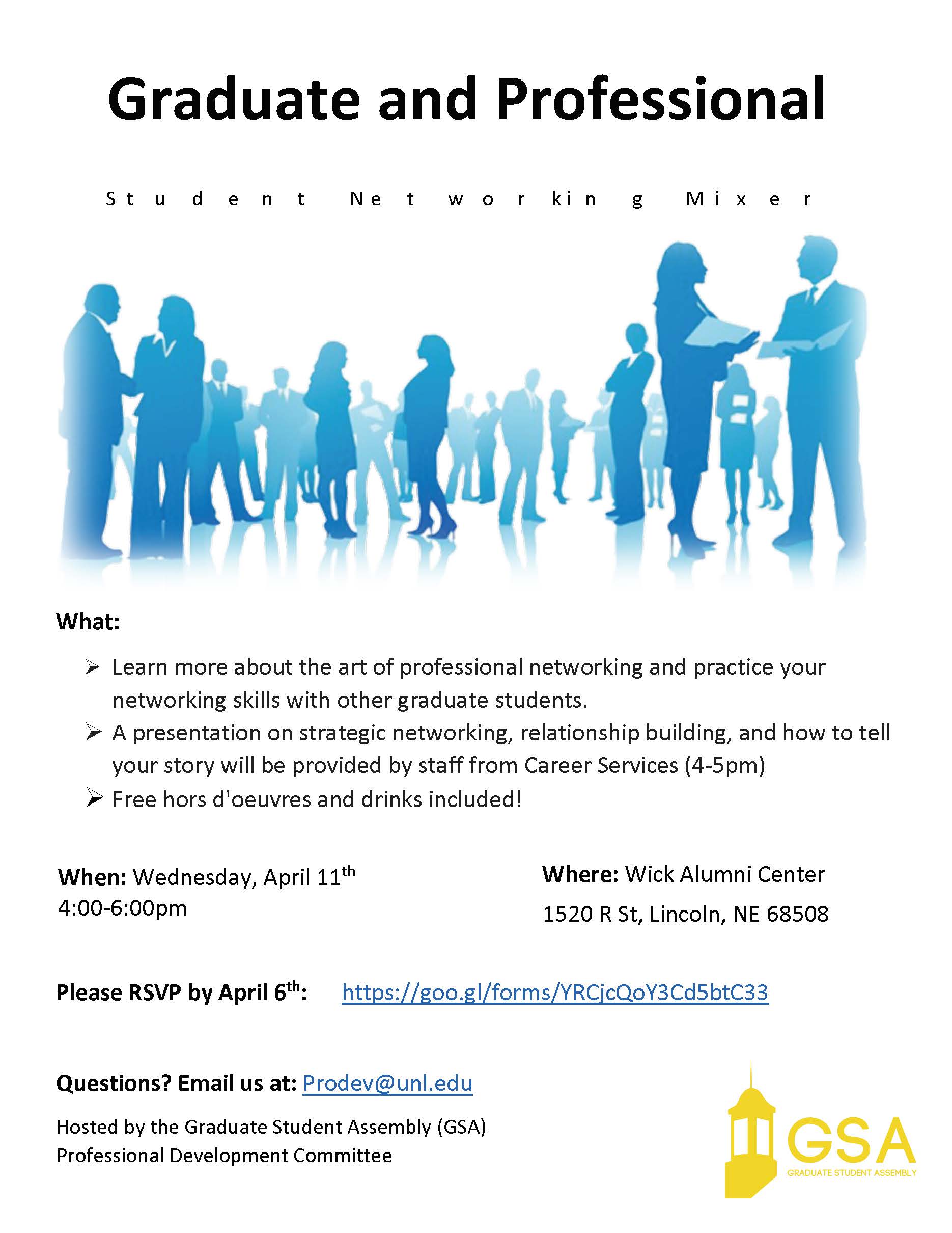 Student Networking Mixer on April 11 (Wednesday) from 4-6PM at the Wick Alumni Center