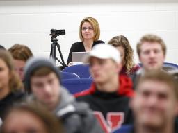 Marilyne Stains, associate professor of chemistry, watches a class at the University of Nebraska-Lincoln. Stains and her colleagues have authored a new study showing that traditional lecturing remains the most common teaching style for undergrad classes i