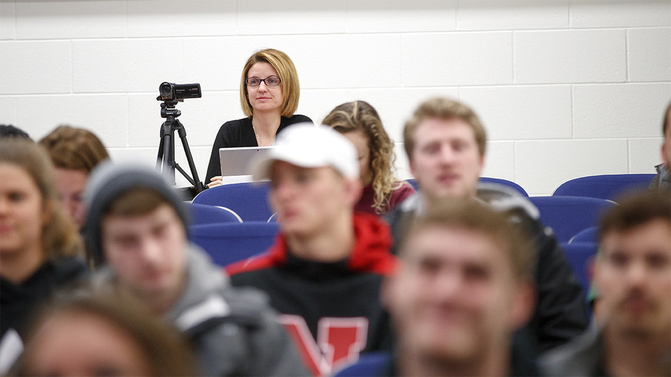 Marilyne Stains, associate professor of chemistry, watches a class at the University of Nebraska-Lincoln. Stains and her colleagues have authored a new study showing that traditional lecturing remains the most common teaching style for undergrad classes i