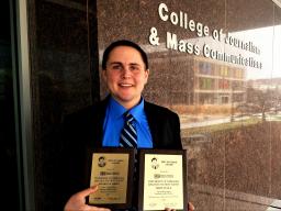 Senior broadcasting major Kellan Heavican won first place awards at the Midwest Journalism Conference in Minneapolis, Minnesota, and the Society of Professional Journalists Region 7 conference.