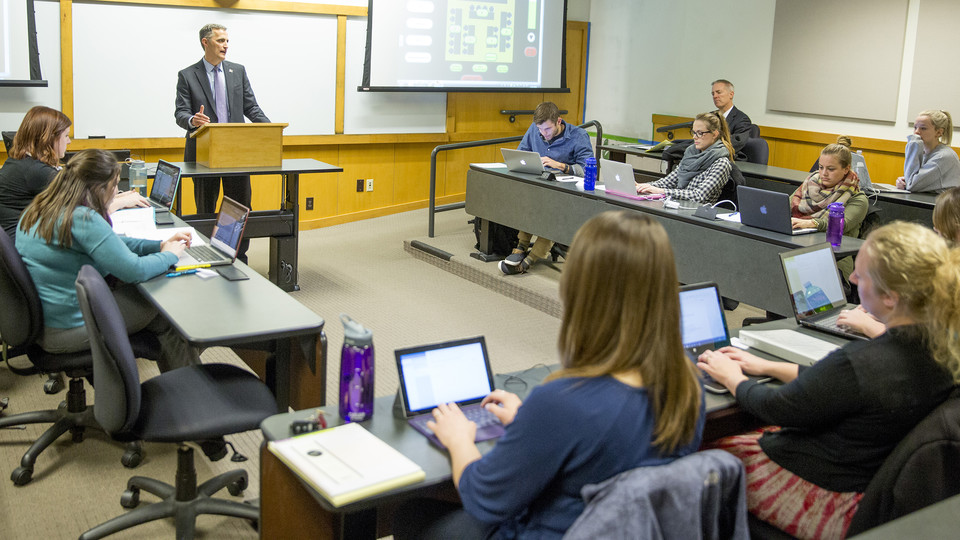 Richard Moberly, dean of Nebraska Law, leads a lecture in McCollum Hall. A new law in business minor will feature five law faculty guiding four classes offered to undergraduates through the College of Business.