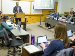 Richard Moberly, dean of Nebraska Law, leads a lecture in McCollum Hall. A new law in business minor will feature five law faculty guiding four classes offered to undergraduates through the College of Business.