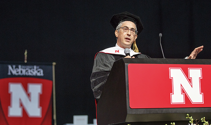 Oscar-winning filmmaker Alexander Payne delivered the undergraduate commencement address on May 5, 2018, at Pinnacle Bank Arena. Photo by Craig Chandler, University Communication.