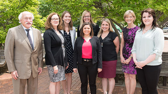 L-R: Samuel Meisels, Kate Gallagher and Amy Roberts of the Buffett Institute; Jordan Wickstrom, UNO Buffett Scholar (back); Buffett Scholar Sonya Bhatia, Holly Hatton-Bowers, Susan Sheridan, and Buffett Scholar Amy Colgrove, all of UNL.