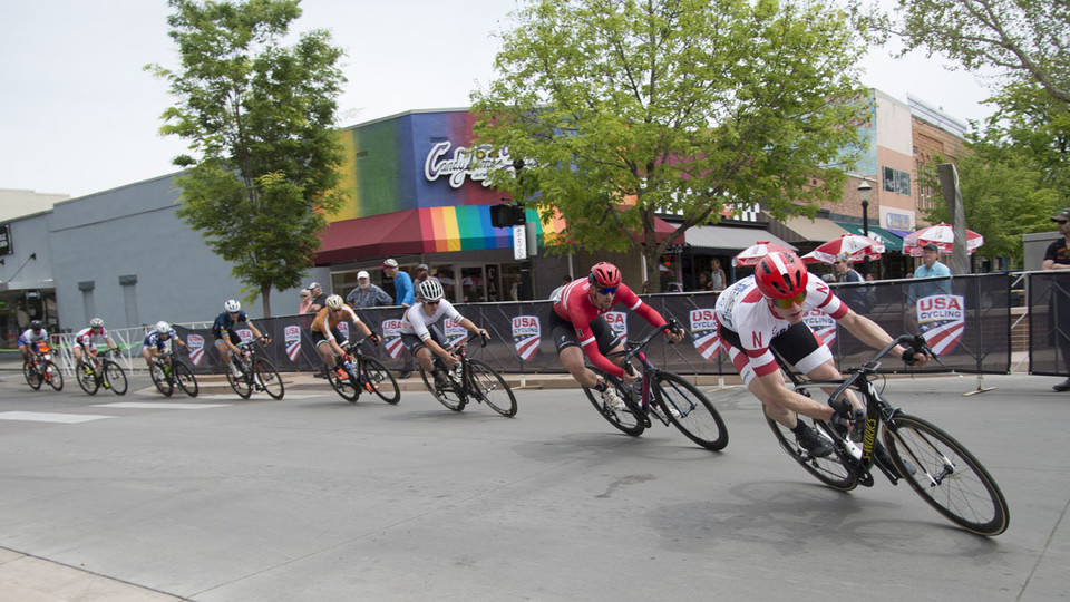 John Borstelmann, a junior chemistry major from Lincoln, leads the pack during a race at the USA Cycling Collegiate Road National Championships, May 4-6 in Grand Junction, Colorado. Borstelmann won the men's Club Division national championship. (Photo by 