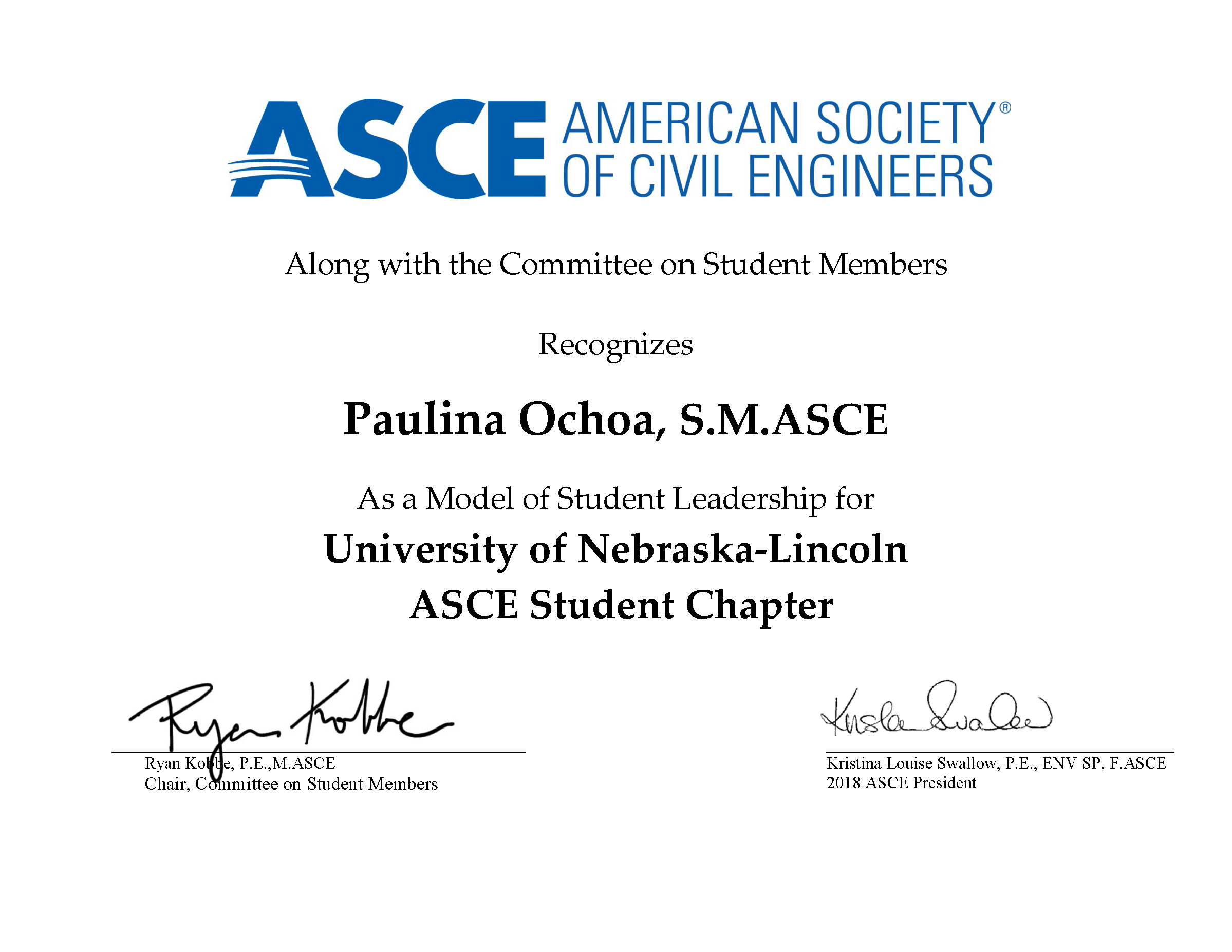 ASCE certificate for Paulina Ochoa