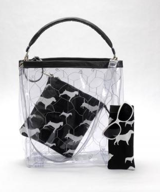 "Fenced Dogs" features transparency with vinyl and hex mesh to achieve a whimsical bag and accessories featuring a dog print wristlet with dog collar strap. Photo by Bob Meier.
