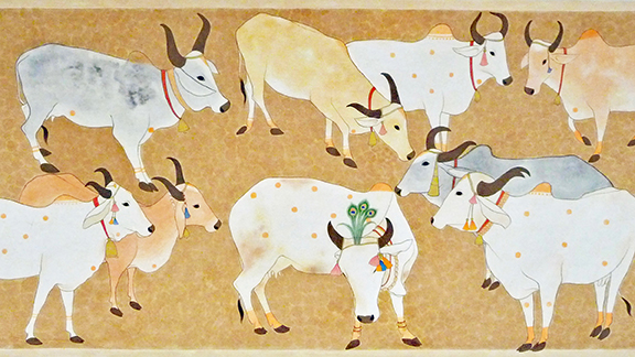 "Cow Festival Festival in Nathdwara." Artist: Yugal Kishore Sharma w/Chaturbhuj Sharma. Opaque water color and tea on cotton cambric.